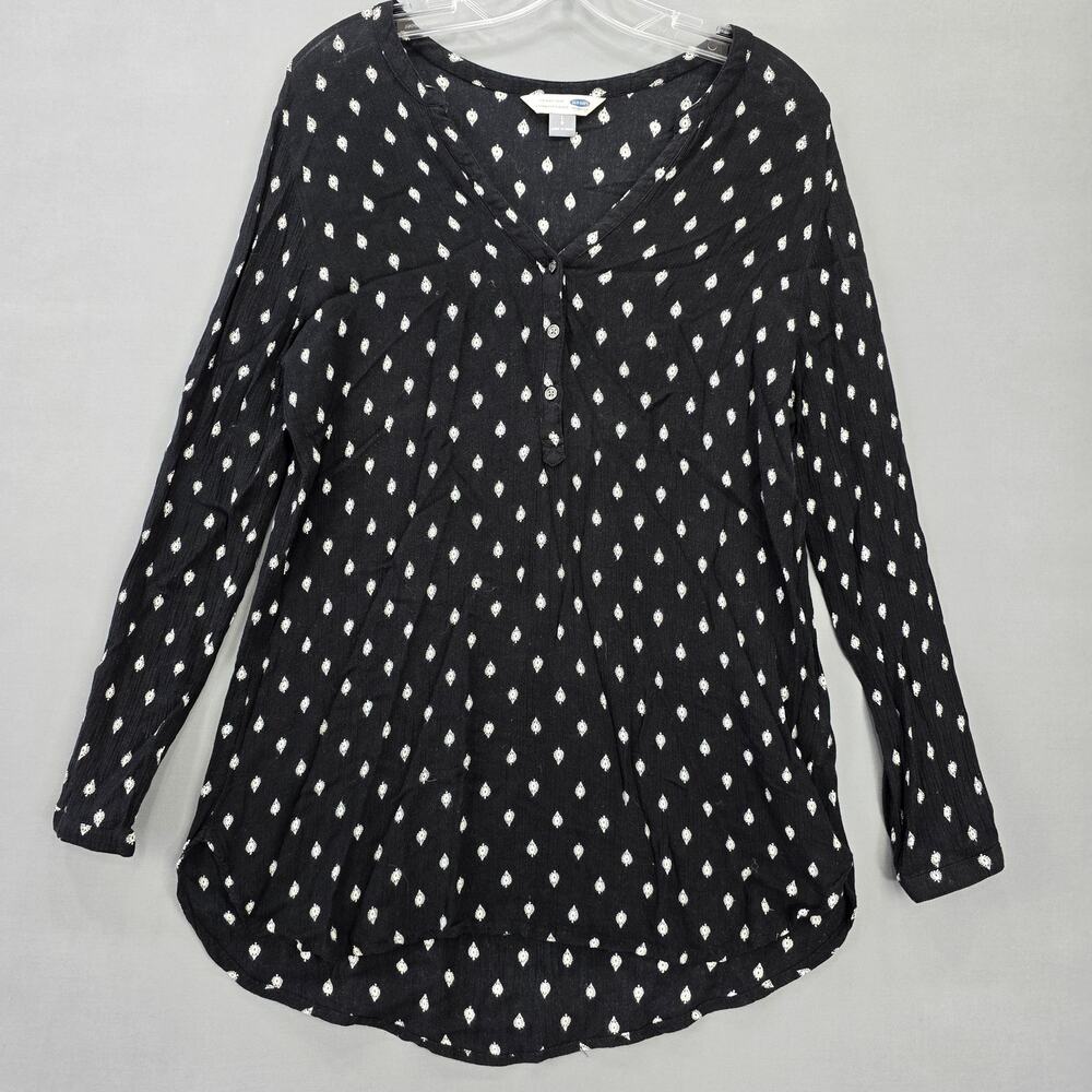 Old Navy Black Poppy Print The Tunic Shirt Long Sleeves V-Neck Womens Size L Top